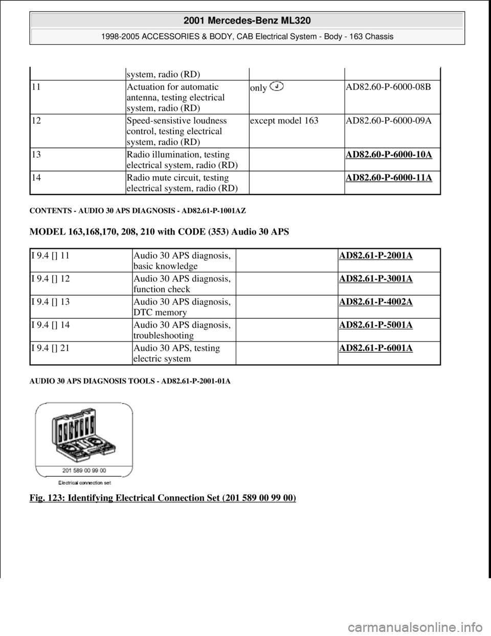 MERCEDES-BENZ ML320 1997 Complete Repair Manual CONTENTS - AUDIO 30 APS DIAGNOSIS - AD82.61-P-1001AZ
MODEL 163,168,170, 208, 210 with CODE (353) Audio 30 APS
AUDIO 30 APS DIAGNOSIS TOOLS - AD82.61-P-2001-01A
Fig. 123: Identifying Electrical Con MERCEDES-BENZ ML320 1997 Complete Repair Manual CONTENTS - AUDIO 30 APS DIAGNOSIS - AD82.61-P-1001AZ
MODEL 163,168,170, 208, 210 with CODE (353) Audio 30 APS
AUDIO 30 APS DIAGNOSIS TOOLS - AD82.61-P-2001-01A
Fig. 123: Identifying Electrical Con