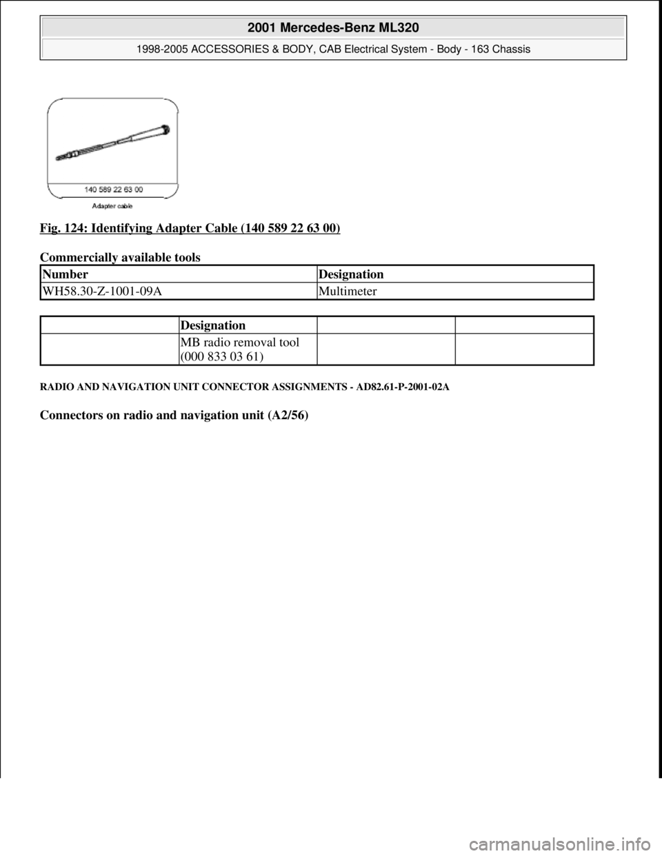 MERCEDES-BENZ ML320 1997  Complete Repair Manual Fig. 124: Identifying Adapter Cable (140 589 22 63 00) 
Commercially available tools 
RADIO AND NAVIGATION UNIT CONNECTOR ASSIGNMENTS - AD82.61-P-2001-02A 
Connectors on radio and navigation unit (A2/