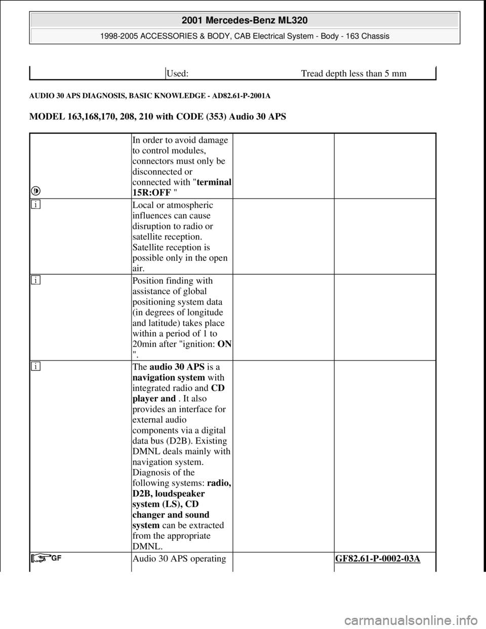 MERCEDES-BENZ ML320 1997 Complete Repair Manual AUDIO 30 APS DIAGNOSIS, BASIC KNOWLEDGE - AD82.61-P-2001A
MODEL 163,168,170, 208, 210 with CODE (353) Audio 30 APS
Used:Tread depth less than 5 mm
In order to avoid damage
to control modules,
MERCEDES-BENZ ML320 1997 Complete Repair Manual AUDIO 30 APS DIAGNOSIS, BASIC KNOWLEDGE - AD82.61-P-2001A
MODEL 163,168,170, 208, 210 with CODE (353) Audio 30 APS
Used:Tread depth less than 5 mm
In order to avoid damage
to control modules,