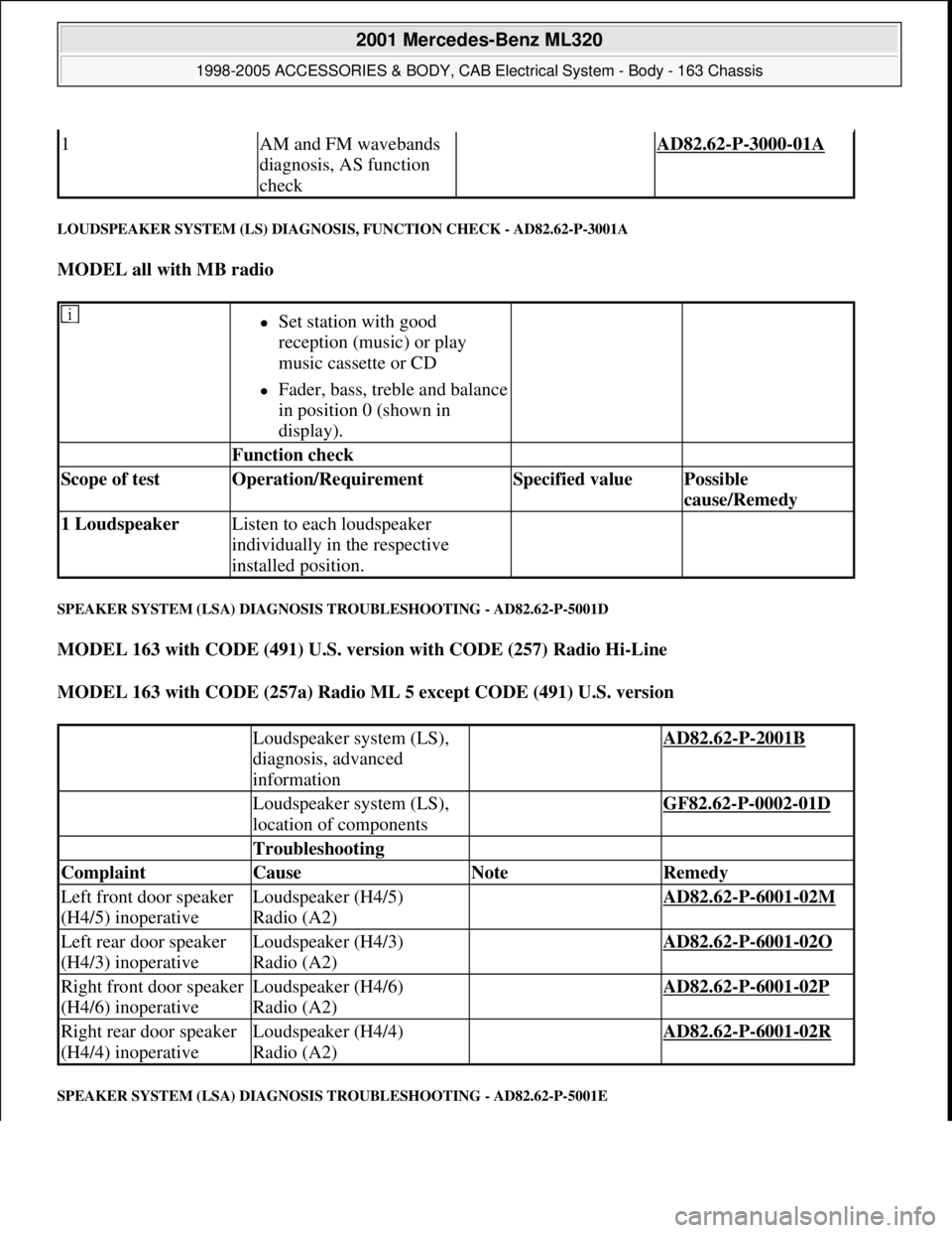 MERCEDES-BENZ ML320 1997 Complete Repair Manual LOUDSPEAKER SYSTEM (LS) DIAGNOSIS, FUNCTION CHECK - AD82.62-P-3001A
MODEL all with MB radio
SPEAKER SYSTEM (LSA) DIAGNOSIS TROUBLESHOOTING - AD82.62-P-5001D
MODEL 163 with CODE (491) U.S. version MERCEDES-BENZ ML320 1997 Complete Repair Manual LOUDSPEAKER SYSTEM (LS) DIAGNOSIS, FUNCTION CHECK - AD82.62-P-3001A
MODEL all with MB radio
SPEAKER SYSTEM (LSA) DIAGNOSIS TROUBLESHOOTING - AD82.62-P-5001D
MODEL 163 with CODE (491) U.S. version
