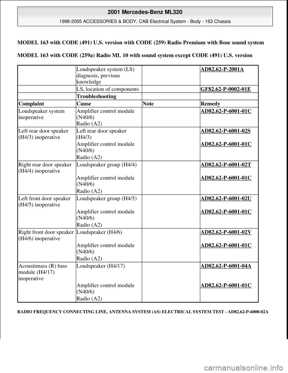 MERCEDES-BENZ ML320 1997 Complete Repair Manual MODEL 163 with CODE (491) U.S. version with CODE (259) Radio Premium with Bose sound system
MODEL 163 with CODE (259a) Radio ML 10 with sound system except CODE (491) U.S. version
RADIO FREQUENCY CO MERCEDES-BENZ ML320 1997 Complete Repair Manual MODEL 163 with CODE (491) U.S. version with CODE (259) Radio Premium with Bose sound system
MODEL 163 with CODE (259a) Radio ML 10 with sound system except CODE (491) U.S. version
RADIO FREQUENCY CO
