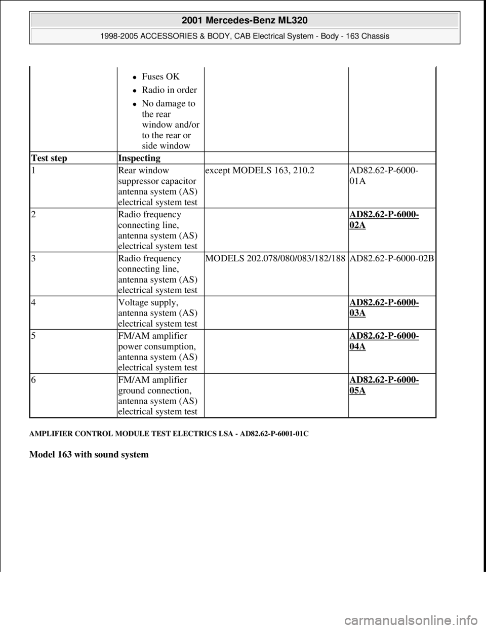 MERCEDES-BENZ ML320 1997 Complete Repair Manual AMPLIFIER CONTROL MODULE TEST ELECTRICS LSA - AD82.62-P-6001-01C
Model 163 with sound system
Fuses OK
Radio in order
No damage to
the rear
window and/or
to the rear or
side window MERCEDES-BENZ ML320 1997 Complete Repair Manual AMPLIFIER CONTROL MODULE TEST ELECTRICS LSA - AD82.62-P-6001-01C
Model 163 with sound system
Fuses OK
Radio in order
No damage to
the rear
window and/or
to the rear or
side window