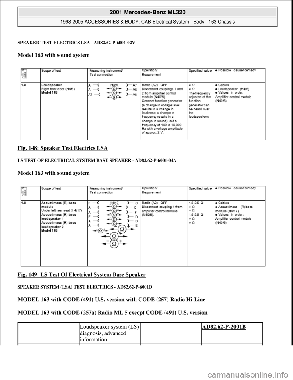 MERCEDES-BENZ ML320 1997  Complete Repair Manual SPEAKER TEST ELECTRICS LSA - AD82.62-P-6001-02V
Model 163 with sound system    
Fig. 148: Speaker Test Electrics LSA
 
LS TEST OF ELECTRICAL SYSTEM   BASE SPEAKER - AD82.62-P-6001-04A 
Model 163 with 