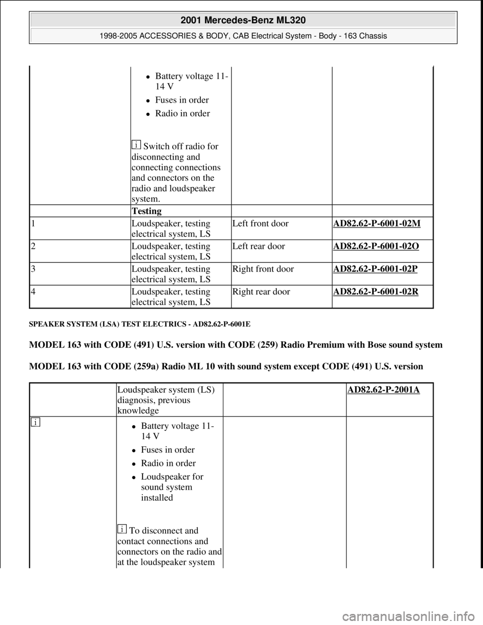 MERCEDES-BENZ ML320 1997 Complete Repair Manual SPEAKER SYSTEM (LSA) TEST ELECTRICS - AD82.62-P-6001E
MODEL 163 with CODE (491) U.S. version with CODE (259) Radio Premium with Bose sound system
MODEL 163 with CODE (259a) Radio ML 10 with sound s MERCEDES-BENZ ML320 1997 Complete Repair Manual SPEAKER SYSTEM (LSA) TEST ELECTRICS - AD82.62-P-6001E
MODEL 163 with CODE (491) U.S. version with CODE (259) Radio Premium with Bose sound system
MODEL 163 with CODE (259a) Radio ML 10 with sound s