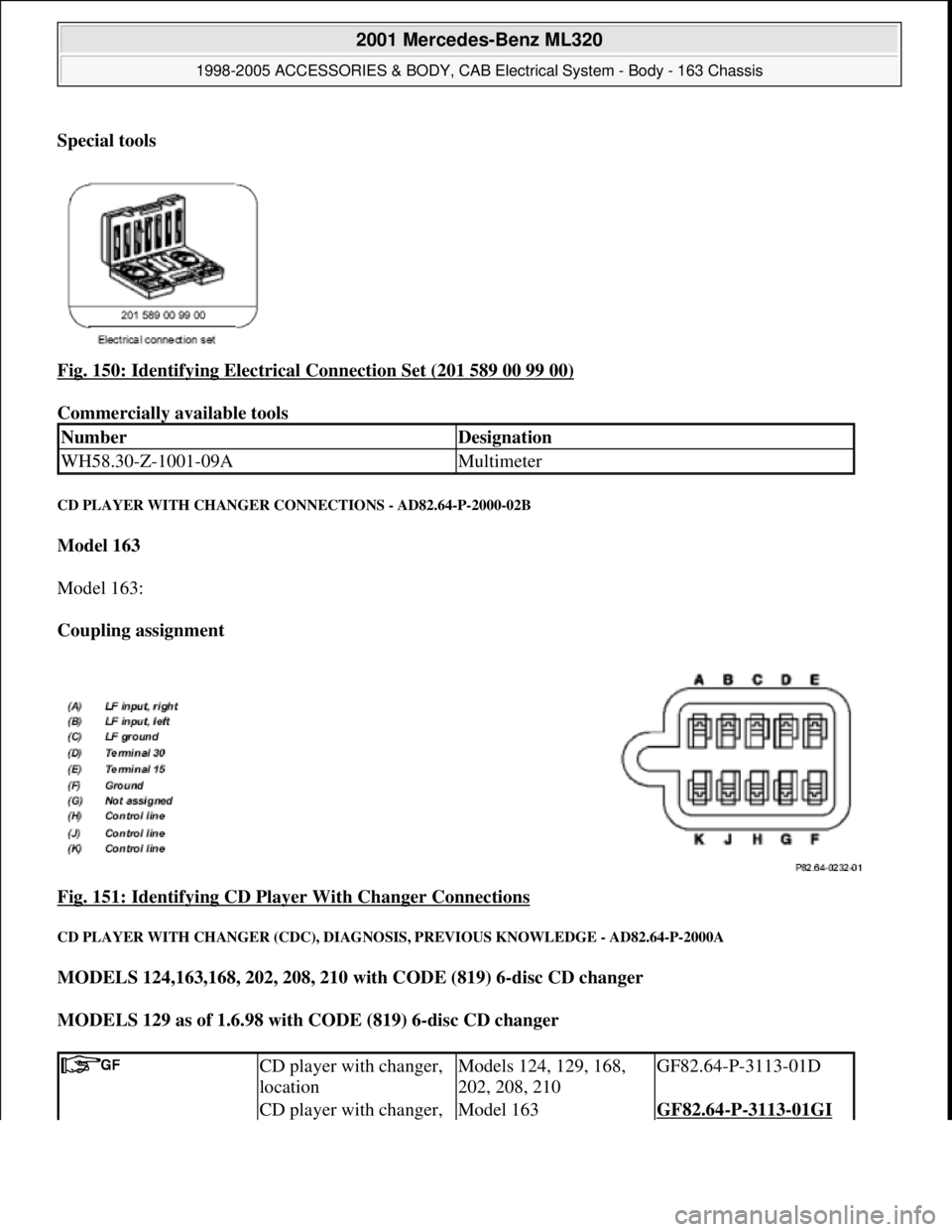 MERCEDES-BENZ ML320 1997  Complete Repair Manual Special tools  
Fig. 150: Identifying Electrical Connection Set (201 589 00 99 00)
 
Commercially available tools 
CD PLAYER WITH CHANGER CONNECTIONS - AD82.64-P-2000-02B 
Model 163  
Model 163: 
Coup