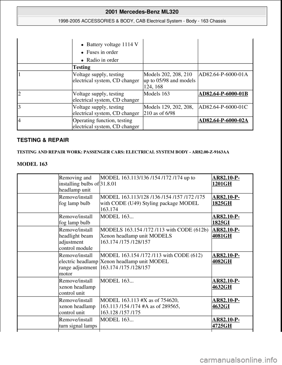 MERCEDES-BENZ ML320 1997 Complete Repair Manual TESTING & REPAIR
TESTING AND REPAIR WORK: PASSENGER CARS: ELECTRICAL SYSTEM BODY - AR82.00-Z-9163AA
MODEL 163
Battery voltage 1114 V
Fuses in order
Radio in order
Testing
1Volt MERCEDES-BENZ ML320 1997 Complete Repair Manual TESTING & REPAIR
TESTING AND REPAIR WORK: PASSENGER CARS: ELECTRICAL SYSTEM BODY - AR82.00-Z-9163AA
MODEL 163
Battery voltage 1114 V
Fuses in order
Radio in order
Testing
1Volt