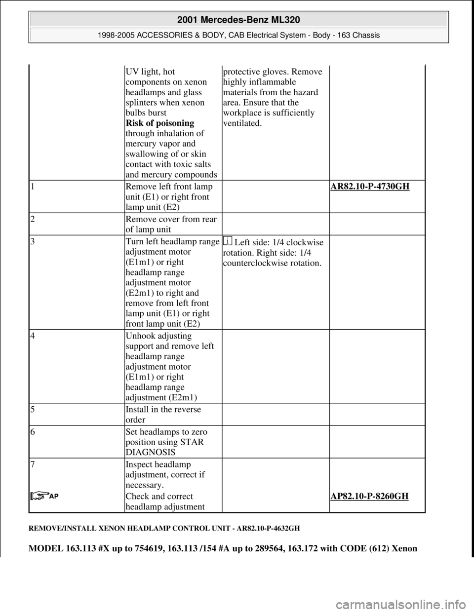 MERCEDES-BENZ ML320 1997 Complete Repair Manual REMOVE/INSTALL XENON HEADLAMP CONTROL UNIT - AR82.10-P-4632GH
MODEL 163.113 #X up to 754619, 163.113 /154 #A up to 289564, 163.172 with CODE (612) Xenon
UV light, hot
components on xenon
headlamps MERCEDES-BENZ ML320 1997 Complete Repair Manual REMOVE/INSTALL XENON HEADLAMP CONTROL UNIT - AR82.10-P-4632GH
MODEL 163.113 #X up to 754619, 163.113 /154 #A up to 289564, 163.172 with CODE (612) Xenon
UV light, hot
components on xenon
headlamps