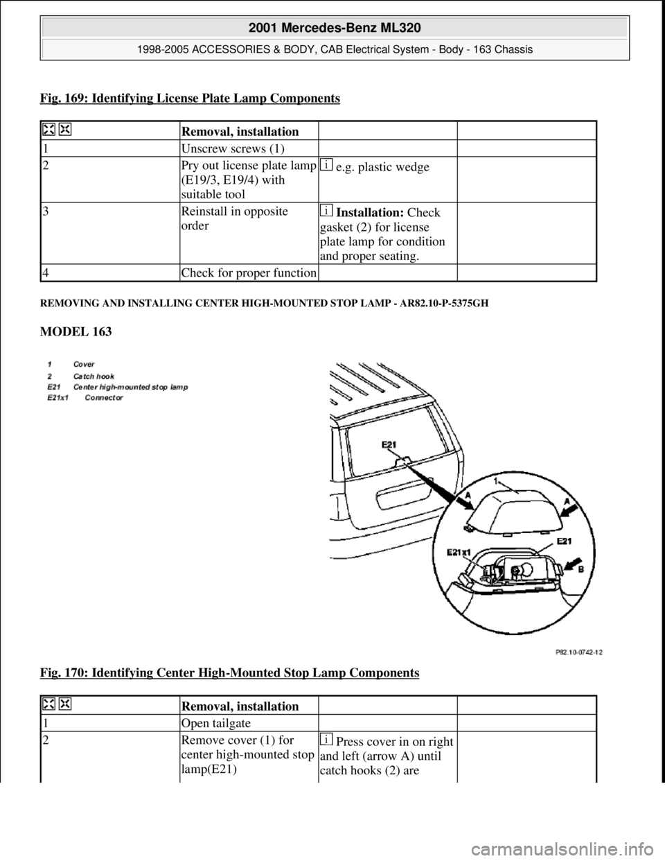 MERCEDES-BENZ ML320 1997  Complete Repair Manual Fig. 169: Identifying License Plate Lamp Components
REMOVING AND INSTALLING CENTER HIGH-MOUNTED STOP LAMP - AR82.10-P-5375GH 
MODEL 163  
Fig. 170: Identifying Center High
-Mounted Stop Lamp Component