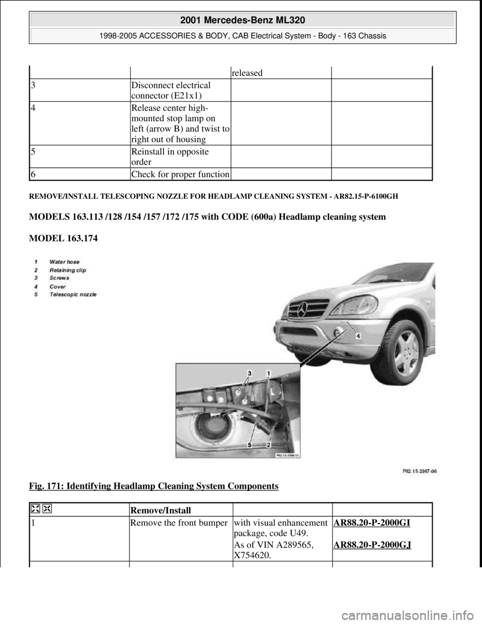 MERCEDES-BENZ ML320 1997  Complete Repair Manual REMOVE/INSTALL TELESCOPING NOZZLE FOR HEADLAMP CLEANING SYSTEM - AR82.15-P-6100GH 
MODELS 163.113 /128 /154 /157 /172 /175 with CODE (600a) Headlamp cleaning system  
MODEL 163.174  
Fig. 171: Identif