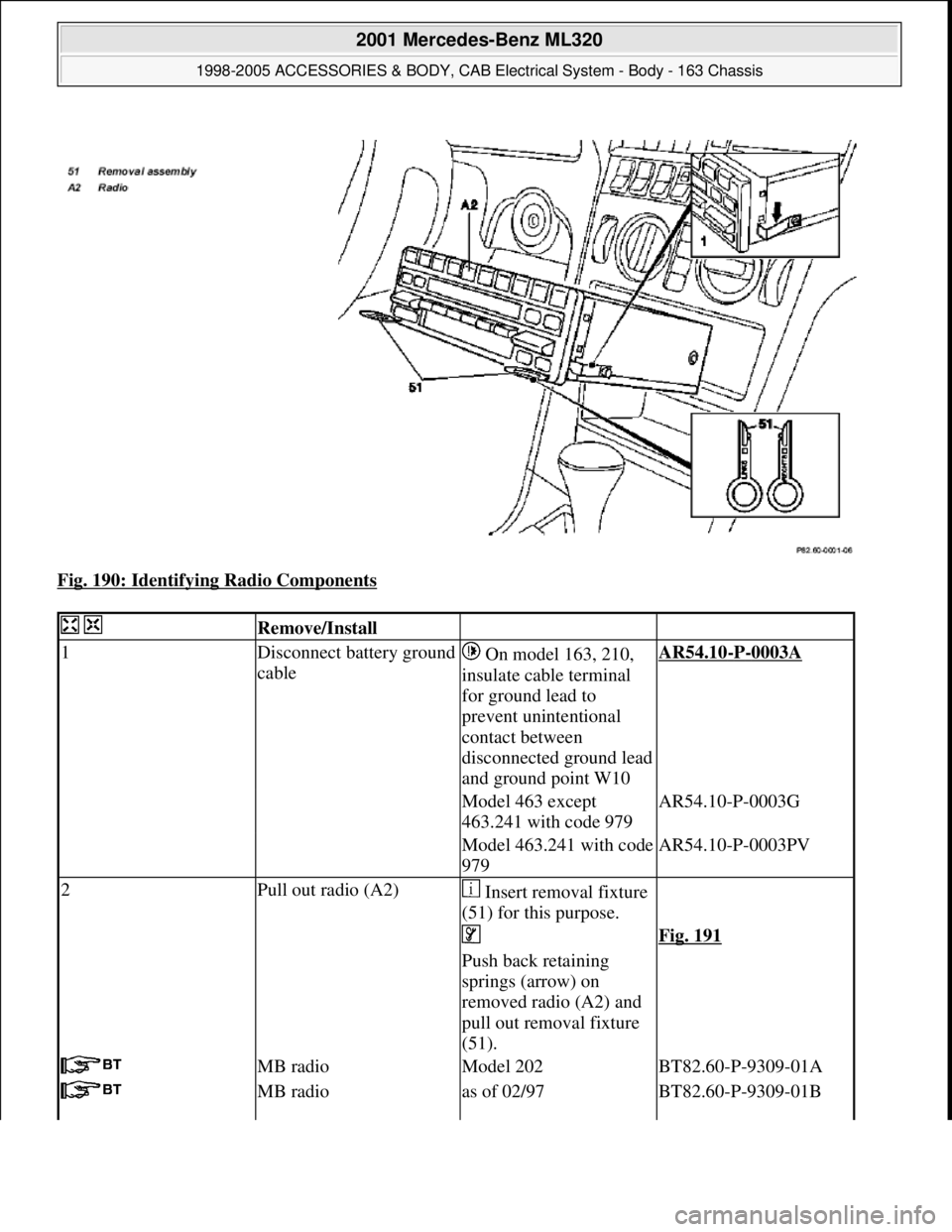 MERCEDES-BENZ ML320 1997  Complete Repair Manual Fig. 190: Identifying Radio Components 
  Remove/Install  
1Disconnect battery ground 
cable On model 163, 210, 
insulate cable terminal 
for ground lead to 
prevent unintentional 
contact between 
di