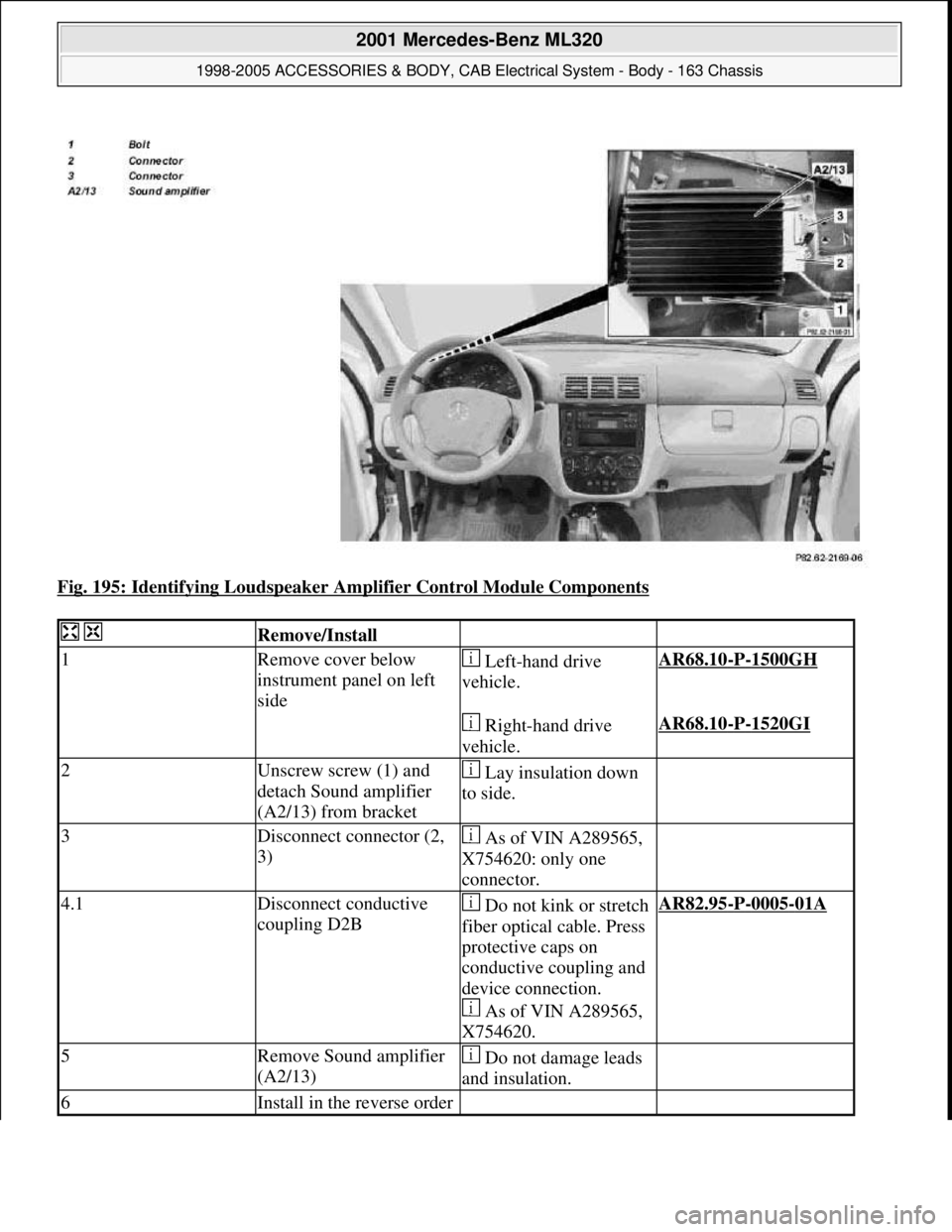 MERCEDES-BENZ ML320 1997  Complete Repair Manual Fig. 195: Identifying Loudspeaker Amplifier Control Module Components 
  Remove/Install  
1Remove cover below 
instrument panel on left 
side Left-hand drive 
vehicle.AR68.10-P-1500GH 
   Right-hand d