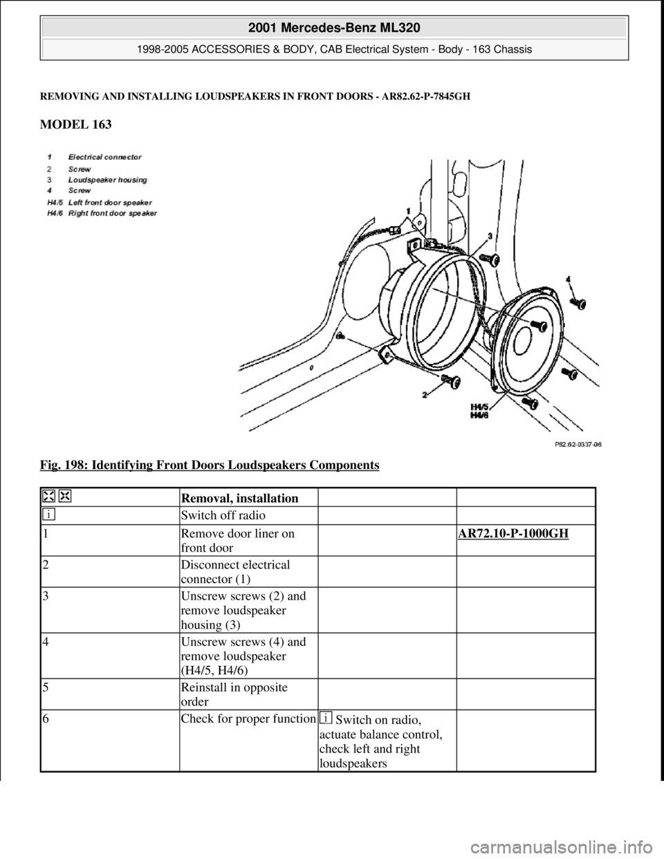 MERCEDES-BENZ ML320 1997  Complete Repair Manual REMOVING AND INSTALLING LOUDSPEAKERS IN FRONT DOORS - AR82.62-P-7845GH 
MODEL 163  
Fig. 198: Identifying Front Doors Loudspeakers Components
 
  Removal, installation  
 Switch off radio  
1Remove do