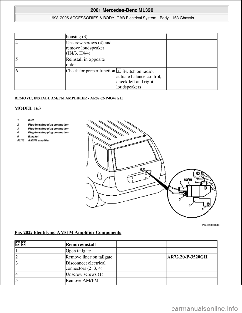 MERCEDES-BENZ ML320 1997  Complete Repair Manual REMOVE, INSTALL AM/FM AMPLIFIER - AR82.62-P-8347GH 
MODEL 163  
Fig. 202: Identifying AM/FM Amplifier Components
 
housing (3)
4Unscrew screws (4) and 
remove loudspeaker 
(H4/3, H4/4)  
5Reinstall in