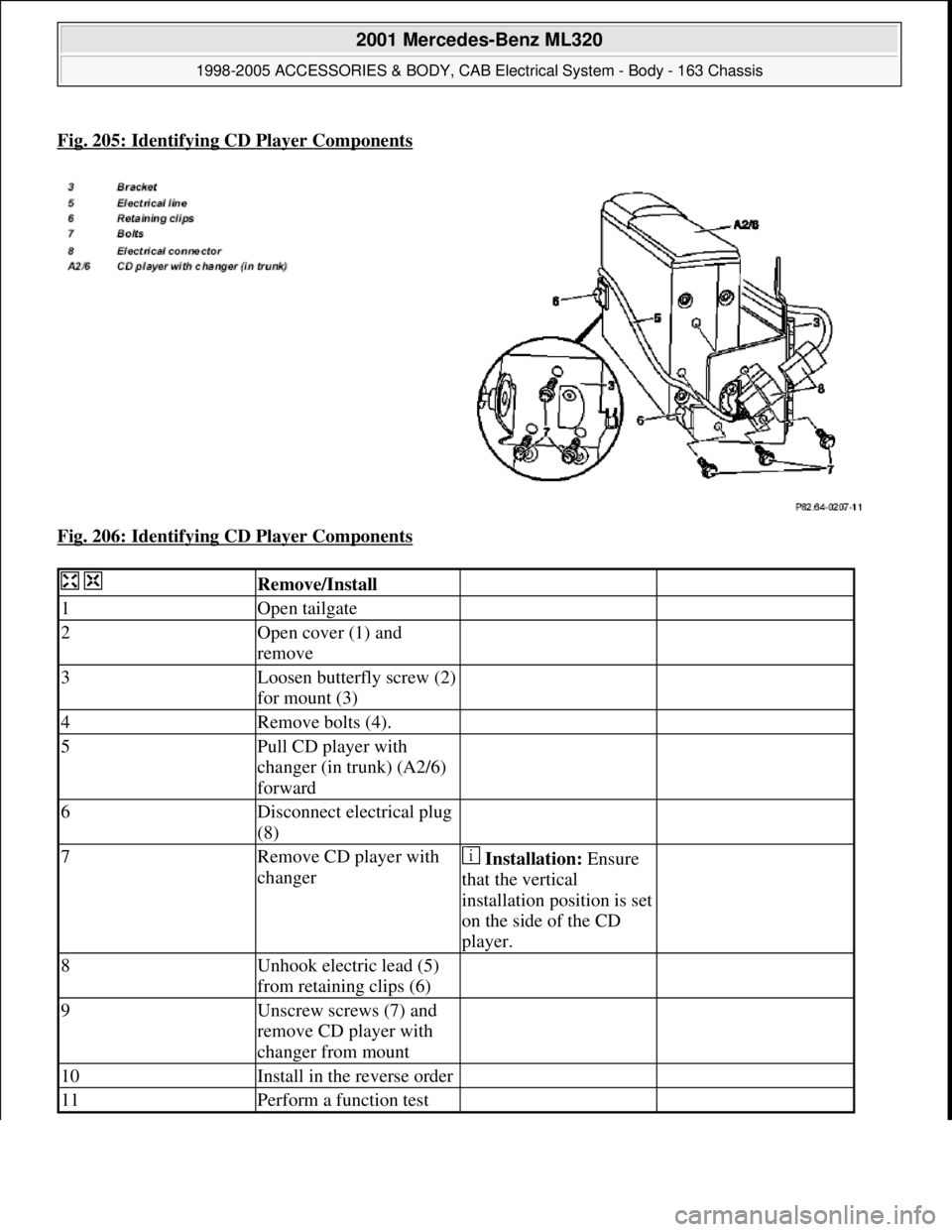 MERCEDES-BENZ ML320 1997  Complete Repair Manual Fig. 205: Identifying CD Player Components
Fig. 206: Identifying CD Player Components 
  Remove/Install  
1Open tailgate  
2Open cover (1) and 
remove  
3Loosen butterfly screw (2) 
for mount (3)  
4R