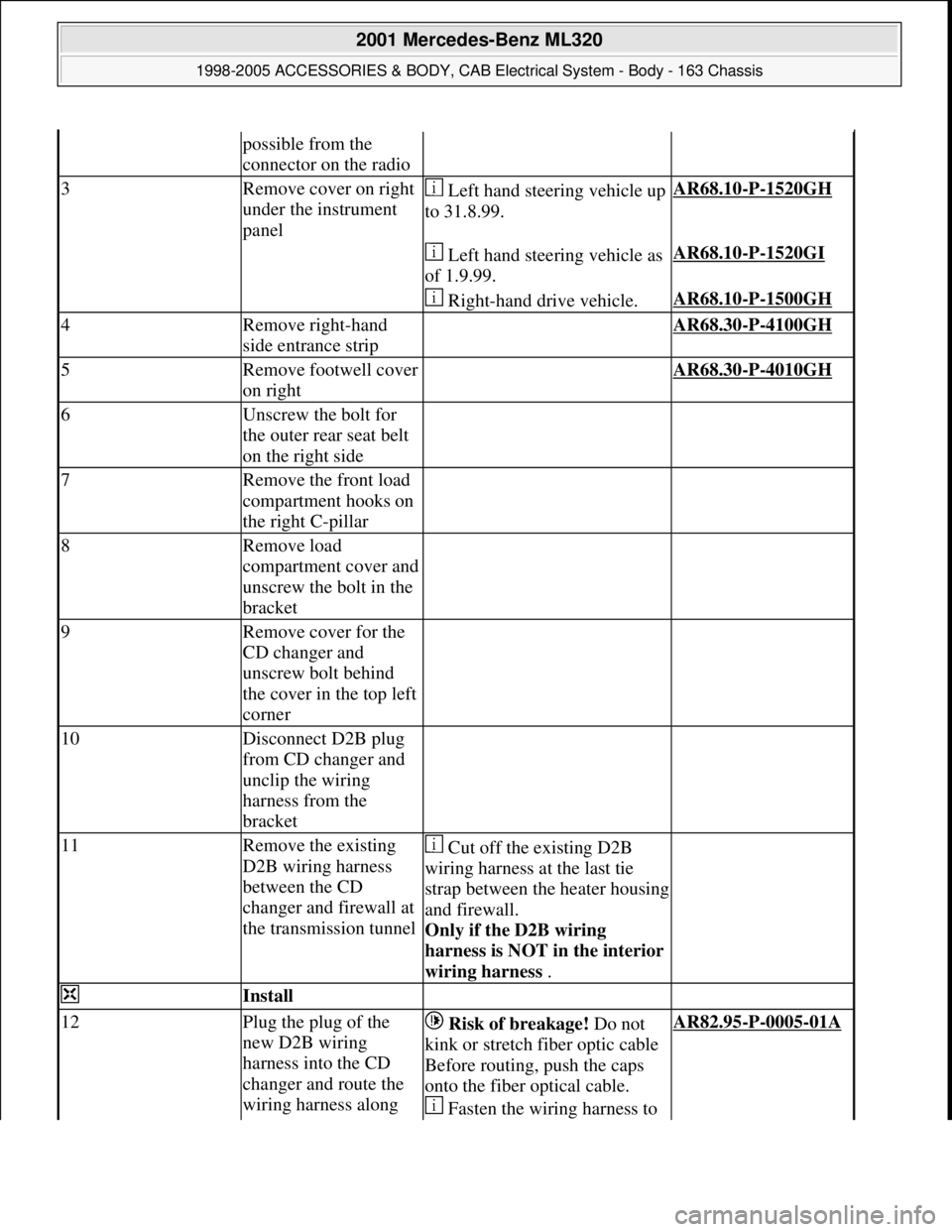 MERCEDES-BENZ ML320 1997 Complete Repair Manual possible from the
connector on the radio
3Remove cover on right
under the instrument
panel Left hand steering vehicle up
to 31.8.99.AR68.10-P-1520GH
Left hand steering vehicle as
of 1.9.99.AR MERCEDES-BENZ ML320 1997 Complete Repair Manual possible from the
connector on the radio
3Remove cover on right
under the instrument
panel Left hand steering vehicle up
to 31.8.99.AR68.10-P-1520GH
Left hand steering vehicle as
of 1.9.99.AR