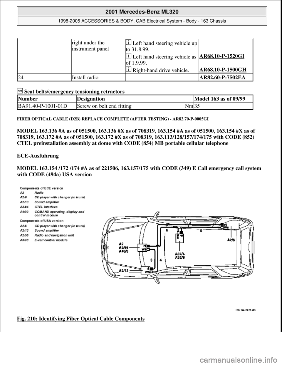 MERCEDES-BENZ ML320 1997 Complete Repair Manual Seat belts/emergency tensioning retractors
FIBER OPTICAL CABLE (D2B) REPLACE COMPLETE (AFTER TESTING) - AR82.70-P-0005GI
MODEL 163.136 #A as of 051500, 163.136 #X as of 708319, 163.154 #A as of 051 MERCEDES-BENZ ML320 1997 Complete Repair Manual Seat belts/emergency tensioning retractors
FIBER OPTICAL CABLE (D2B) REPLACE COMPLETE (AFTER TESTING) - AR82.70-P-0005GI
MODEL 163.136 #A as of 051500, 163.136 #X as of 708319, 163.154 #A as of 051