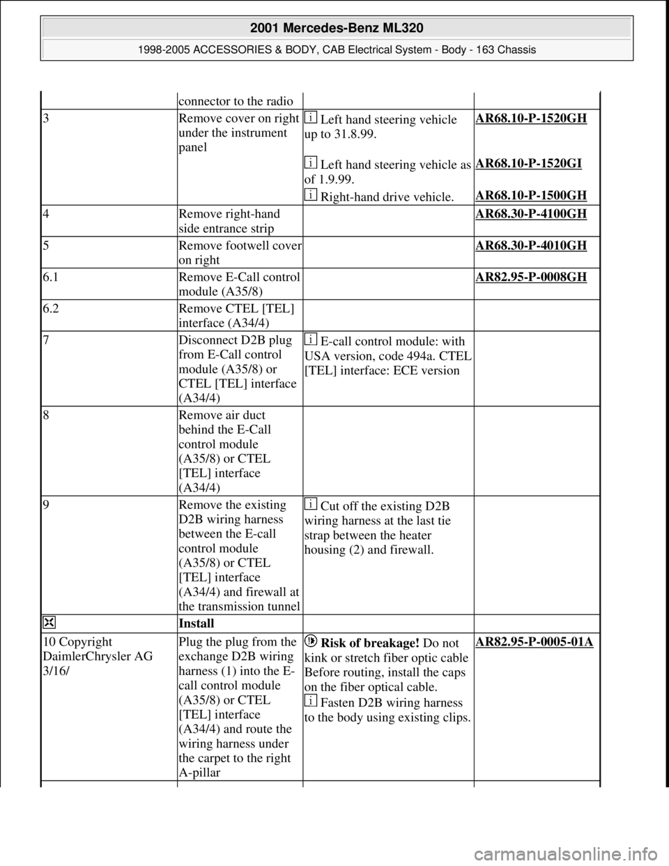 MERCEDES-BENZ ML320 1997 Complete Repair Manual connector to the radio
3Remove cover on right
under the instrument
panel Left hand steering vehicle
up to 31.8.99.AR68.10-P-1520GH
Left hand steering vehicle as
of 1.9.99.AR68.10-P-1520GI
R MERCEDES-BENZ ML320 1997 Complete Repair Manual connector to the radio
3Remove cover on right
under the instrument
panel Left hand steering vehicle
up to 31.8.99.AR68.10-P-1520GH
Left hand steering vehicle as
of 1.9.99.AR68.10-P-1520GI
R