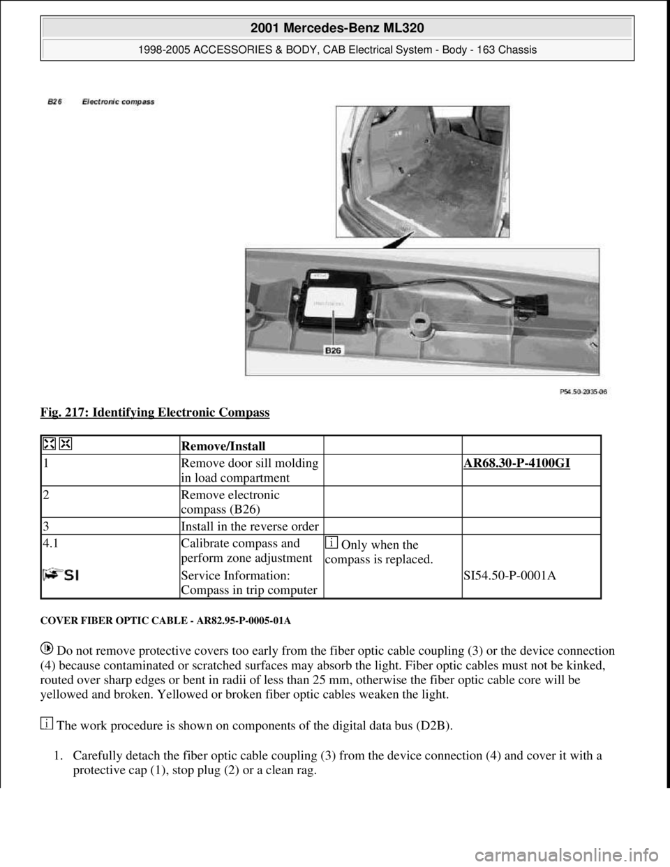 MERCEDES-BENZ ML320 1997 Complete Repair Manual Fig. 217: Identifying Electronic Compass
COVER FIBER OPTIC CABLE - AR82.95-P-0005-01A
Do not remove protective covers too early from the fiber optic cable coupling (3) or the device connection
(4) MERCEDES-BENZ ML320 1997 Complete Repair Manual Fig. 217: Identifying Electronic Compass
COVER FIBER OPTIC CABLE - AR82.95-P-0005-01A
Do not remove protective covers too early from the fiber optic cable coupling (3) or the device connection
(4)