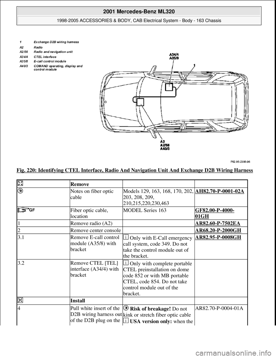 MERCEDES-BENZ ML320 1997 Complete Repair Manual Fig. 220: Identifying CTEL Interface, Radio And Navigation Unit And Exchange D2B Wiring Harness
Remove
Notes on fiber optic
cableModels 129, 163, 168, 170, 202,
203, 208, 209,
210,215,220,230, MERCEDES-BENZ ML320 1997 Complete Repair Manual Fig. 220: Identifying CTEL Interface, Radio And Navigation Unit And Exchange D2B Wiring Harness
Remove
Notes on fiber optic
cableModels 129, 163, 168, 170, 202,
203, 208, 209,
210,215,220,230,