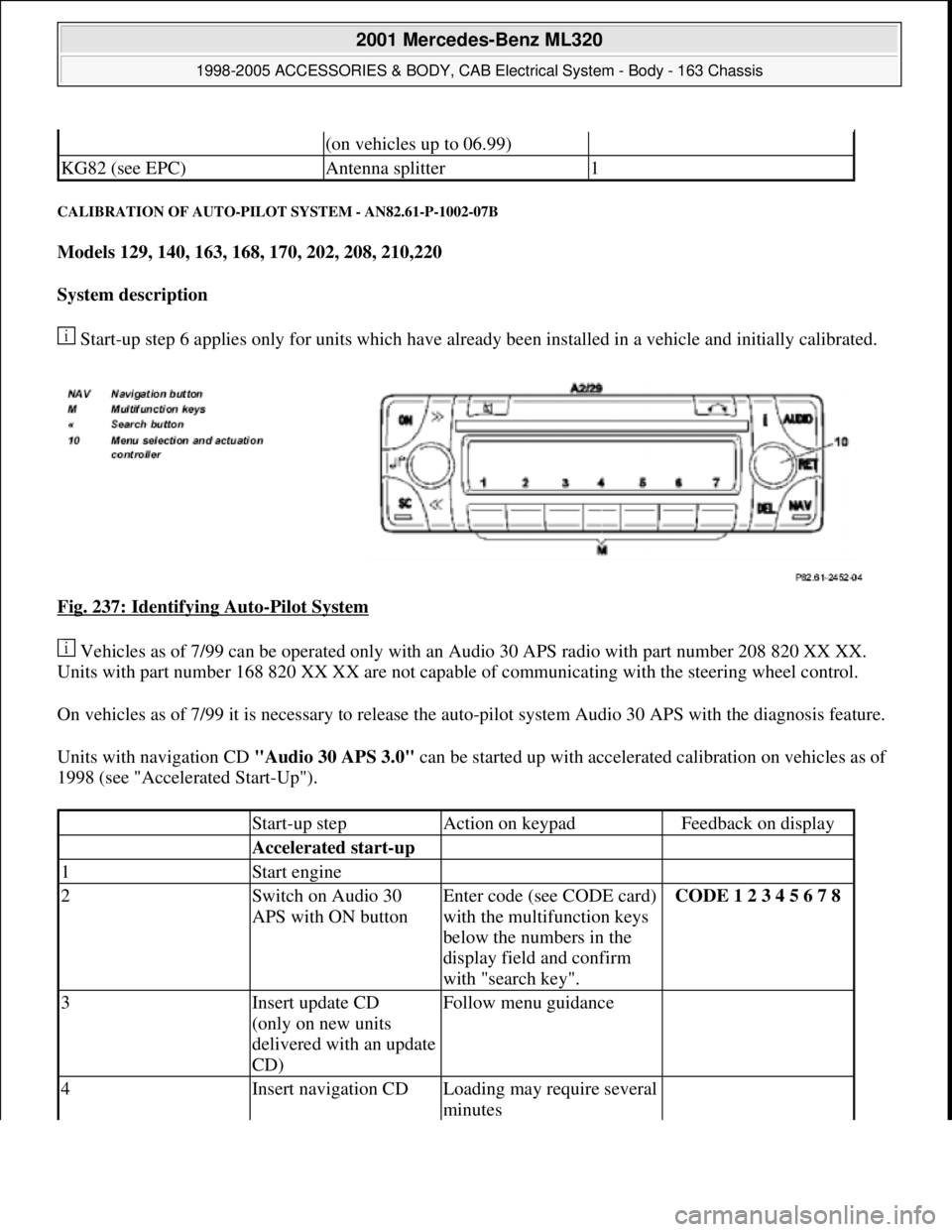MERCEDES-BENZ ML320 1997 Complete Repair Manual CALIBRATION OF AUTO-PILOT SYSTEM - AN82.61-P-1002-07B
Models 129, 140, 163, 168, 170, 202, 208, 210,220
System description
Start-up step 6 applies only for units which have already been installe MERCEDES-BENZ ML320 1997 Complete Repair Manual CALIBRATION OF AUTO-PILOT SYSTEM - AN82.61-P-1002-07B
Models 129, 140, 163, 168, 170, 202, 208, 210,220
System description
Start-up step 6 applies only for units which have already been installe