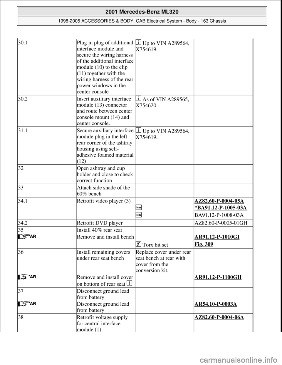 MERCEDES-BENZ ML320 1997 Complete Repair Manual 30.1Plug in plug of additional
interface module and
secure the wiring harness
of the additional interface
module (10) to the clip
(11) together with the
wiring harness of the rear
power windows MERCEDES-BENZ ML320 1997 Complete Repair Manual 30.1Plug in plug of additional
interface module and
secure the wiring harness
of the additional interface
module (10) to the clip
(11) together with the
wiring harness of the rear
power windows