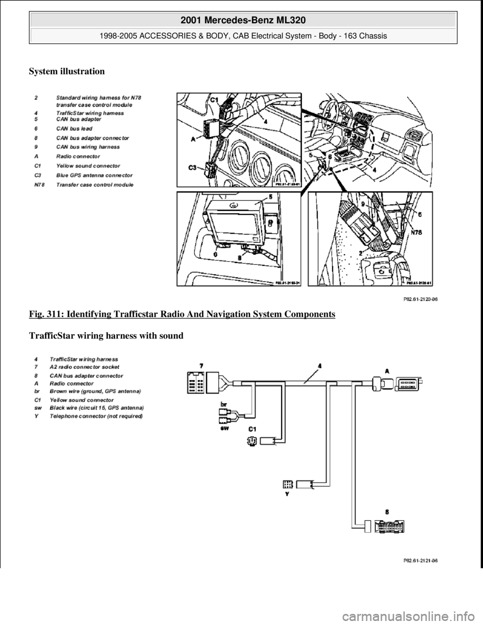 MERCEDES-BENZ ML320 1997  Complete Repair Manual System illustration    
Fig. 311: Identifying Trafficstar Radi  o And Navigation System Components
  
TrafficStar wiring harness with sound    
 
2001 Mercedes-Benz ML320 
1998-2005 ACCESSORIES & BODY