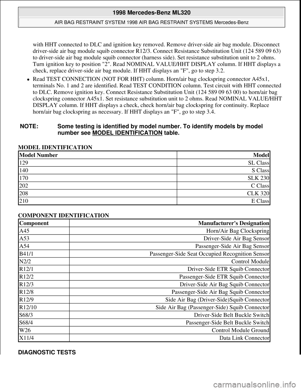 MERCEDES-BENZ ML320 1997 Complete Repair Manual with HHT connected to DLC and ignition key removed. Remove driver-side air bag module. Disconnect
driver-side air bag module squib connector R12/3. Connect Resistance Substitution Unit (124 589 09 63 MERCEDES-BENZ ML320 1997 Complete Repair Manual with HHT connected to DLC and ignition key removed. Remove driver-side air bag module. Disconnect
driver-side air bag module squib connector R12/3. Connect Resistance Substitution Unit (124 589 09 63