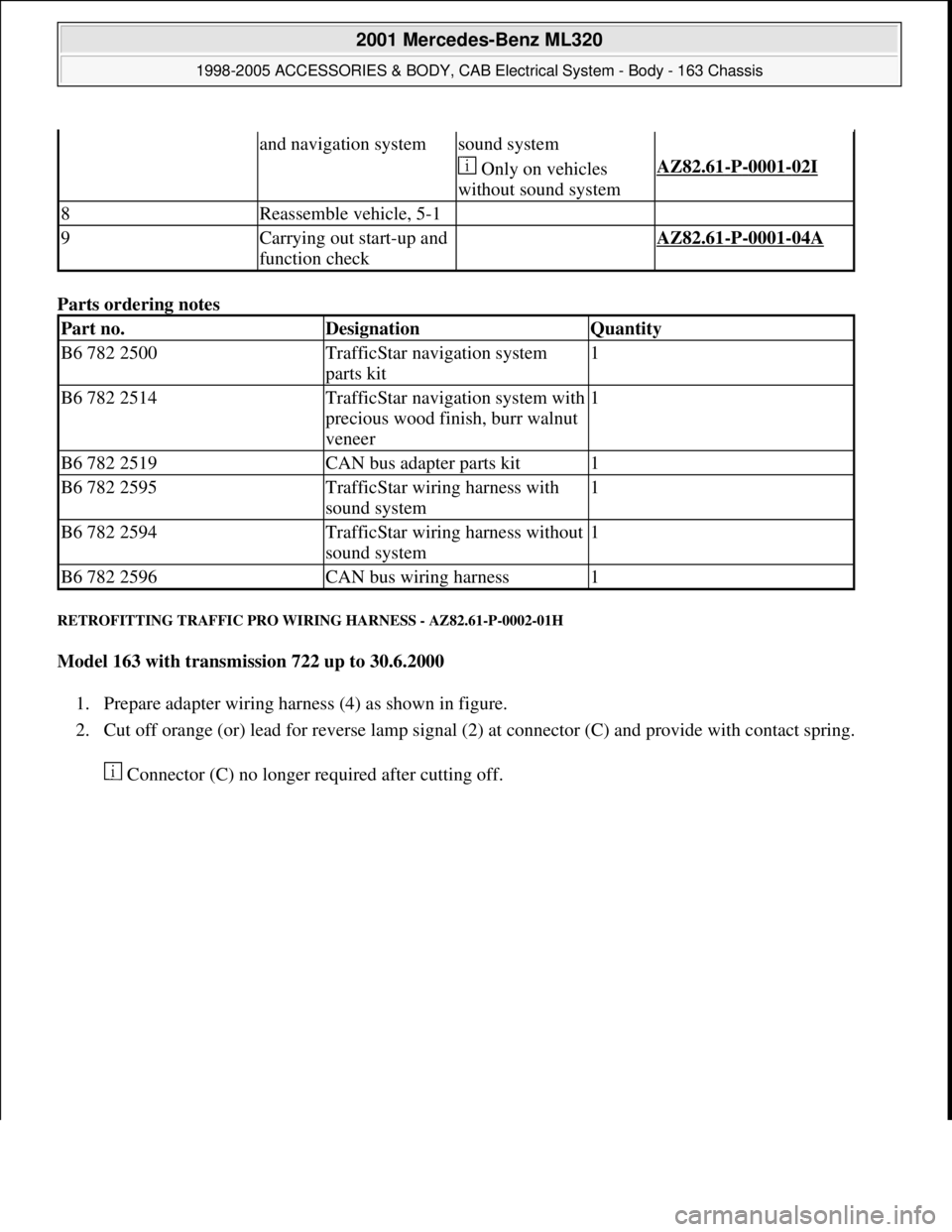 MERCEDES-BENZ ML320 1997 Complete Repair Manual Parts ordering notes
RETROFITTING TRAFFIC PRO WIRING HARNESS - AZ82.61-P-0002-01H
Model 163 with transmission 722 up to 30.6.2000
1. Prepare adapter wiring harness (4) as shown in figure.
2. Cut MERCEDES-BENZ ML320 1997 Complete Repair Manual Parts ordering notes
RETROFITTING TRAFFIC PRO WIRING HARNESS - AZ82.61-P-0002-01H
Model 163 with transmission 722 up to 30.6.2000
1. Prepare adapter wiring harness (4) as shown in figure.
2. Cut
