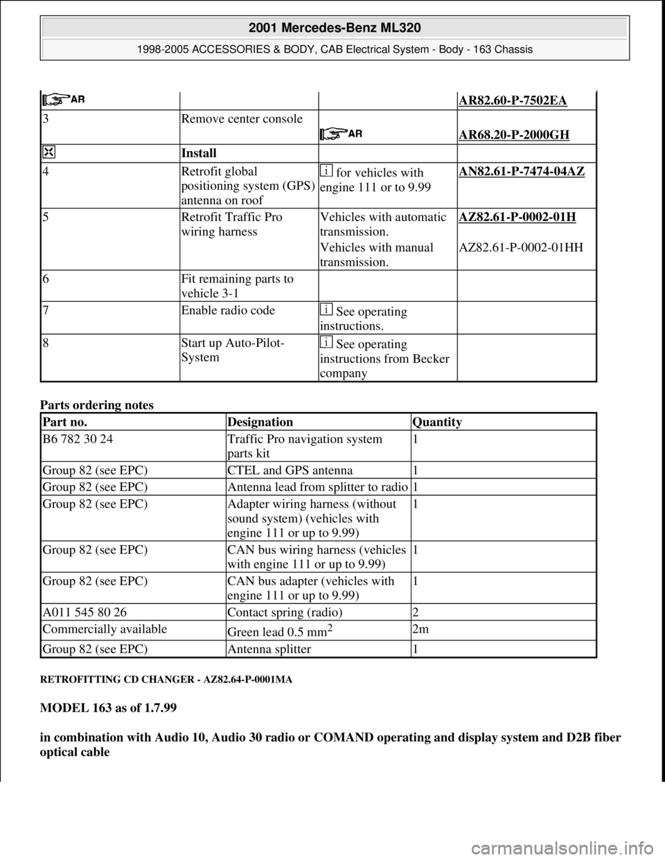 MERCEDES-BENZ ML320 1997 Complete Repair Manual Parts ordering notes
RETROFITTING CD CHANGER - AZ82.64-P-0001MA
MODEL 163 as of 1.7.99
in combination with Audio 10, Audio 30 radio or COMAND operating and display system and D2B fiber
optical ca MERCEDES-BENZ ML320 1997 Complete Repair Manual Parts ordering notes
RETROFITTING CD CHANGER - AZ82.64-P-0001MA
MODEL 163 as of 1.7.99
in combination with Audio 10, Audio 30 radio or COMAND operating and display system and D2B fiber
optical ca
