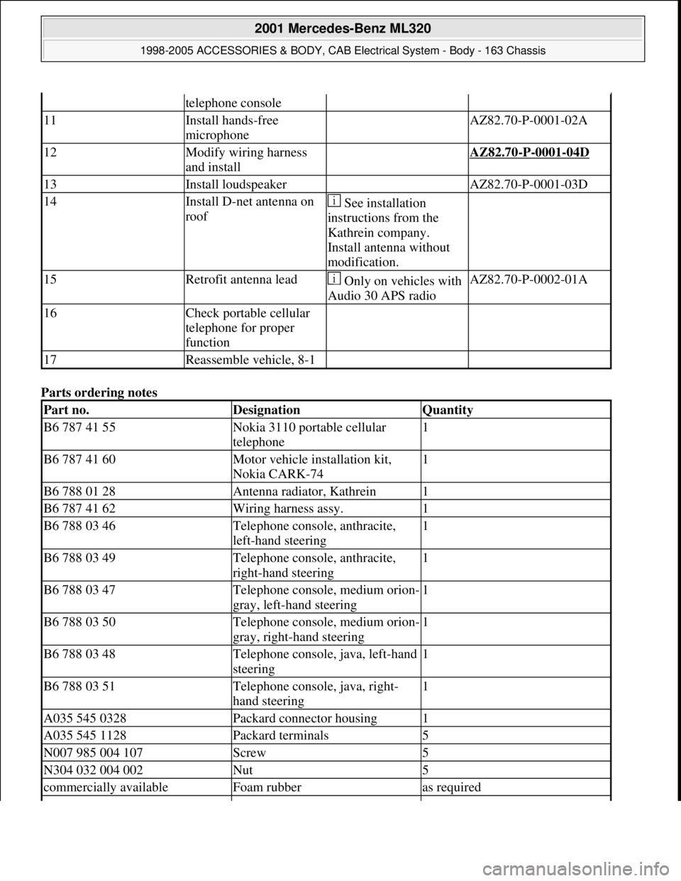 MERCEDES-BENZ ML320 1997 Complete Repair Manual Parts ordering notes
telephone console
11Install hands-free
microphone AZ82.70-P-0001-02A
12Modify wiring harness
and install AZ82.70-P-0001-04D
13Install loudspeaker AZ82.70-P-0001-03D
14Install D MERCEDES-BENZ ML320 1997 Complete Repair Manual Parts ordering notes
telephone console
11Install hands-free
microphone AZ82.70-P-0001-02A
12Modify wiring harness
and install AZ82.70-P-0001-04D
13Install loudspeaker AZ82.70-P-0001-03D
14Install D