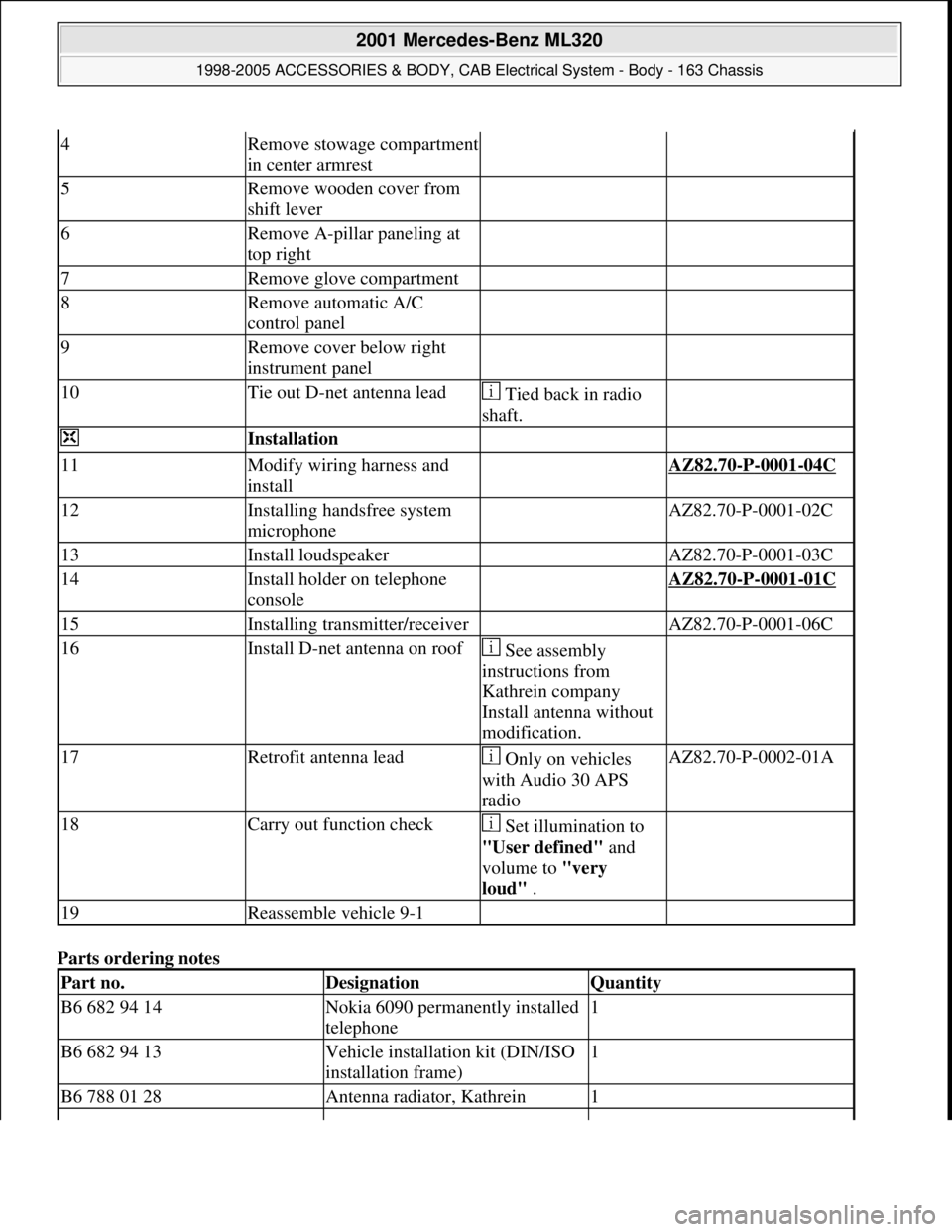 MERCEDES-BENZ ML320 1997 Complete Repair Manual Parts ordering notes
4Remove stowage compartment
in center armrest
5Remove wooden cover from
shift lever
6Remove A-pillar paneling at
top right
7Remove glove compartment
8Remove automatic MERCEDES-BENZ ML320 1997 Complete Repair Manual Parts ordering notes
4Remove stowage compartment
in center armrest
5Remove wooden cover from
shift lever
6Remove A-pillar paneling at
top right
7Remove glove compartment
8Remove automatic