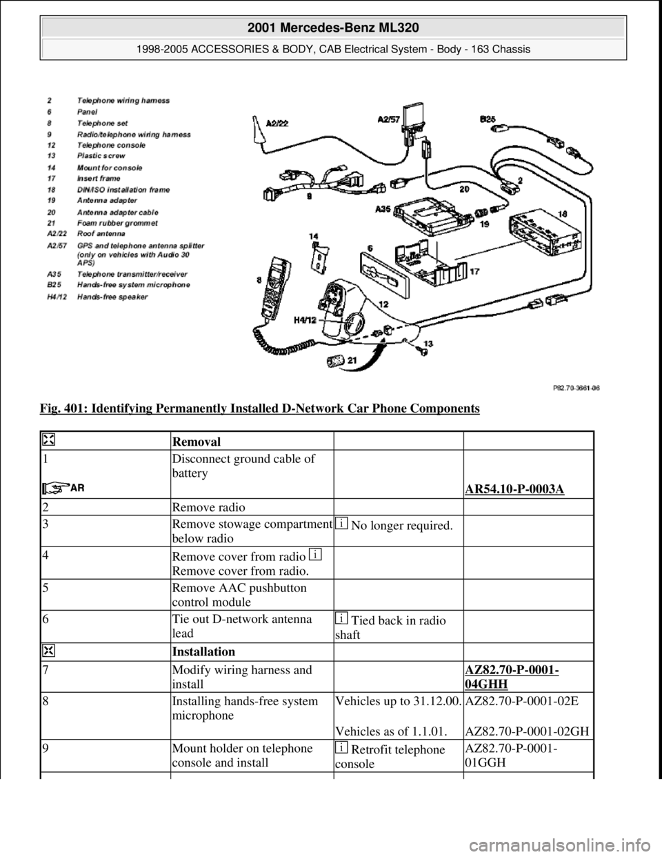 MERCEDES-BENZ ML320 1997  Complete Repair Manual Fig. 401: Identifying Permanently Installed D-Network Car Phone Components 
 Removal  
1Disconnect ground cable of 
battery  
   AR54.10-P-0003A 
2Remove radio  
3Remove stowage compartment 
below rad