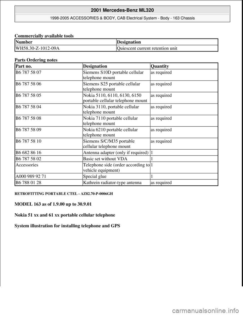 MERCEDES-BENZ ML320 1997 Complete Repair Manual Commercially available tools
Parts Ordering notes
RETROFITTING PORTABLE CTEL - AZ82.70-P-0006GH
MODEL 163 as of 1.9.00 up to 30.9.01
Nokia 51 xx and 61 xx portable cellular telephone
System ill MERCEDES-BENZ ML320 1997 Complete Repair Manual Commercially available tools
Parts Ordering notes
RETROFITTING PORTABLE CTEL - AZ82.70-P-0006GH
MODEL 163 as of 1.9.00 up to 30.9.01
Nokia 51 xx and 61 xx portable cellular telephone
System ill