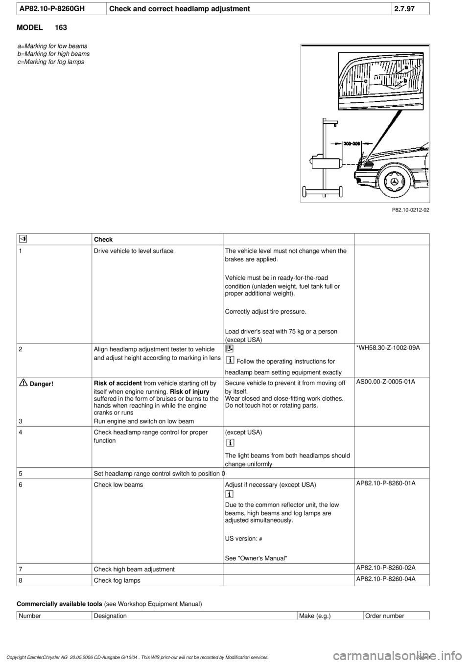 MERCEDES-BENZ ML320 1997  Complete Repair Manual 
 AP82.10-P-8260GH
Check and correct headlamp adjustment
2.7.97

MODEL 
163

a=Marking for low beams

b=Marking for high beams

c=Marking for fog lamps

P82.10-0212-02
 

Check

1
Drive vehicle to lev