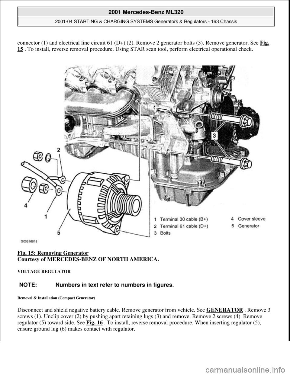 MERCEDES-BENZ ML320 1997  Complete Repair Manual connector (1) and electrical line circuit 61 (D+) (2). Remove 2 generator bolts (3). Remove generator. See Fig. 
15 . To install, reverse removal procedure. Using STAR scan tool, perform electrical op