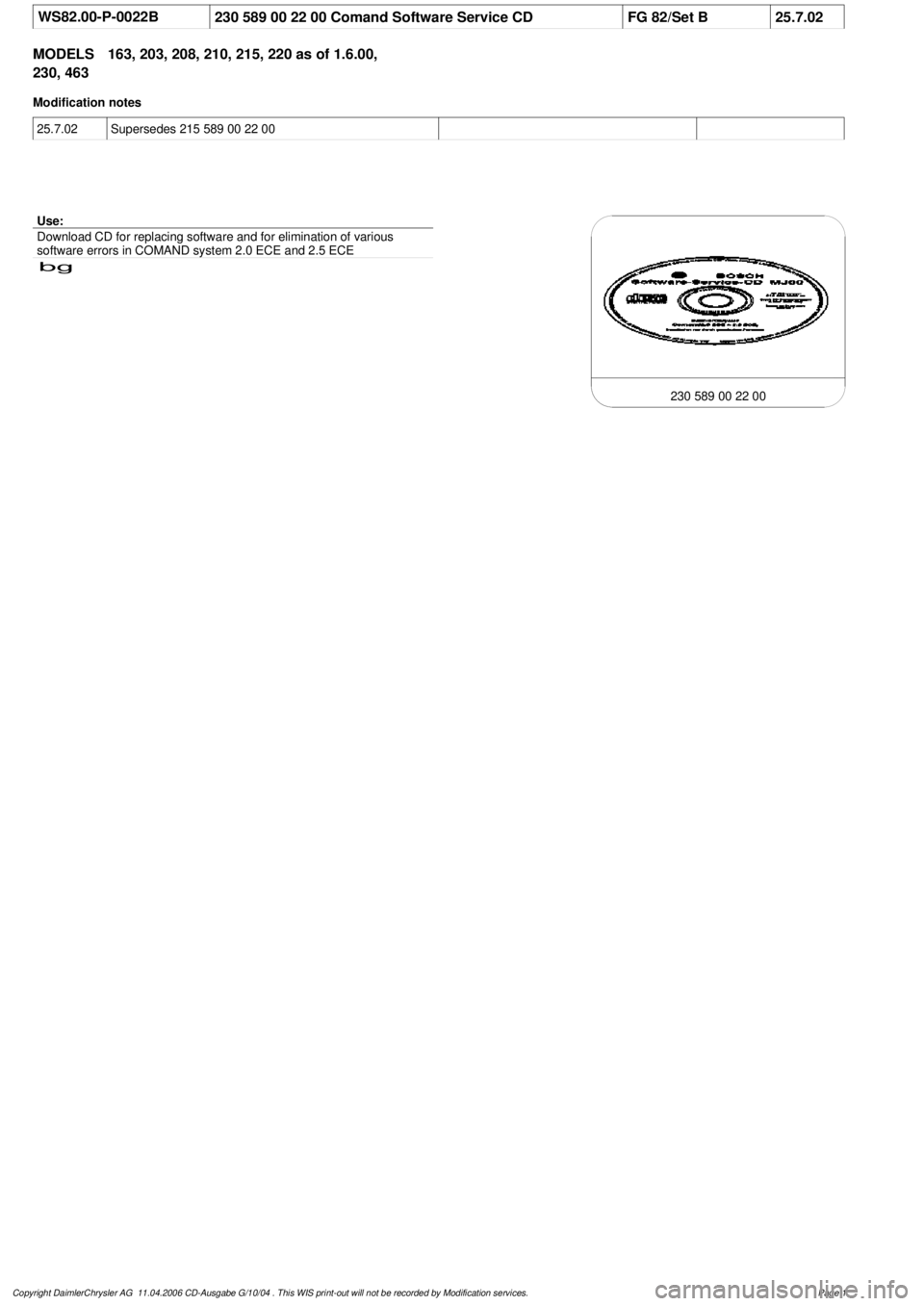 MERCEDES-BENZ ML320 1997  Complete Repair Manual 
 WS82.00-P-0022B
230 589 00 22 00 Comand Software Service CD 
FG 82/Set B
25.7.02

MODELS 
163, 203, 208, 210, 215, 220 as of 1.6.00, 

230, 463

Modification notes

25.7.02

Supersedes 215 589 00 22