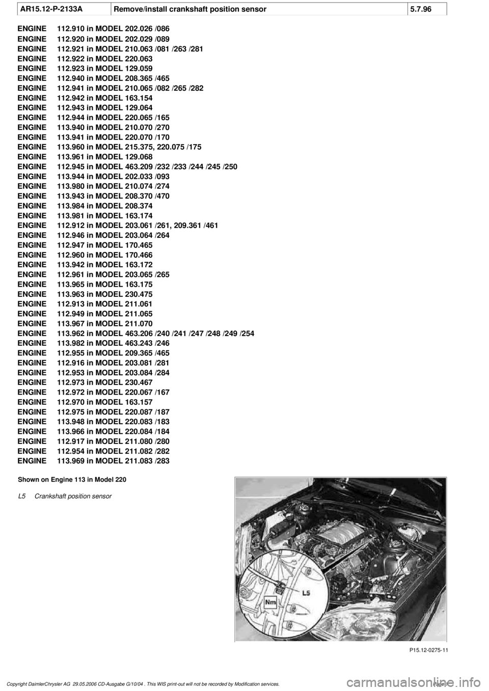 MERCEDES-BENZ ML320 1997  Complete Repair Manual 
 AR15.12-P-2133A
Remove/install crankshaft position sensor
5.7.96

ENGINE 
112.910 in MODEL 202.026 /086

ENGINE 
 112.920 in MODEL 202.029 /089

ENGINE 
 112.921 in MODEL 210.063 /081 /263 /281

ENG