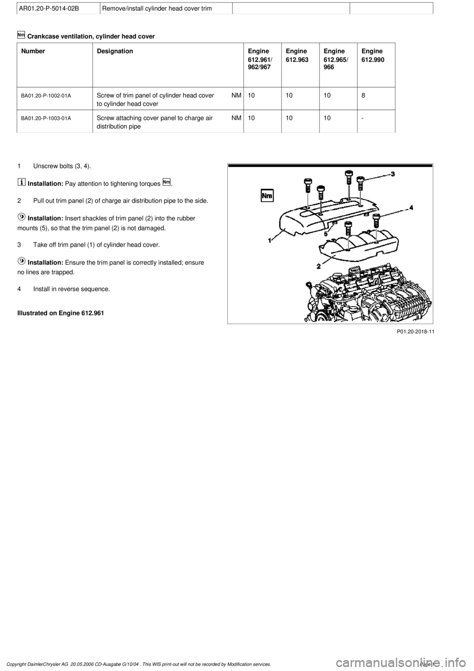 MERCEDES-BENZ ML320 1997 Complete Repair Manual
AR01.20-P-5014-02B
Remove/install cylinder head cover trim
Crankcase ventilation, cylinder head cover
Number
Designation
Engine
612.961/
962/967
Engine
612.963
Engine
612.965/
966
Engine MERCEDES-BENZ ML320 1997 Complete Repair Manual
AR01.20-P-5014-02B
Remove/install cylinder head cover trim
Crankcase ventilation, cylinder head cover
Number
Designation
Engine
612.961/
962/967
Engine
612.963
Engine
612.965/
966
Engine