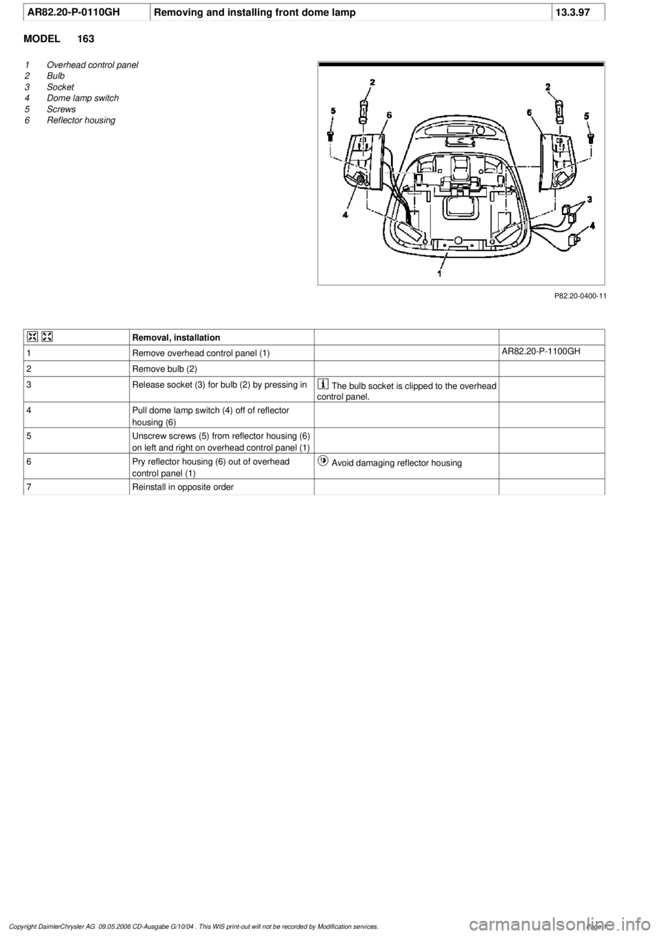 MERCEDES-BENZ ML320 1997  Complete Repair Manual 
 AR82.20-P-0110GH
Removing and installing front dome lamp
13.3.97

MODEL 
163

P82.20-0400-11

1
Overhead control panel

2
 Bulb 

3
 Socket 

4
 Dome lamp switch 

5
 Screws 

6
 Reflector housing 
