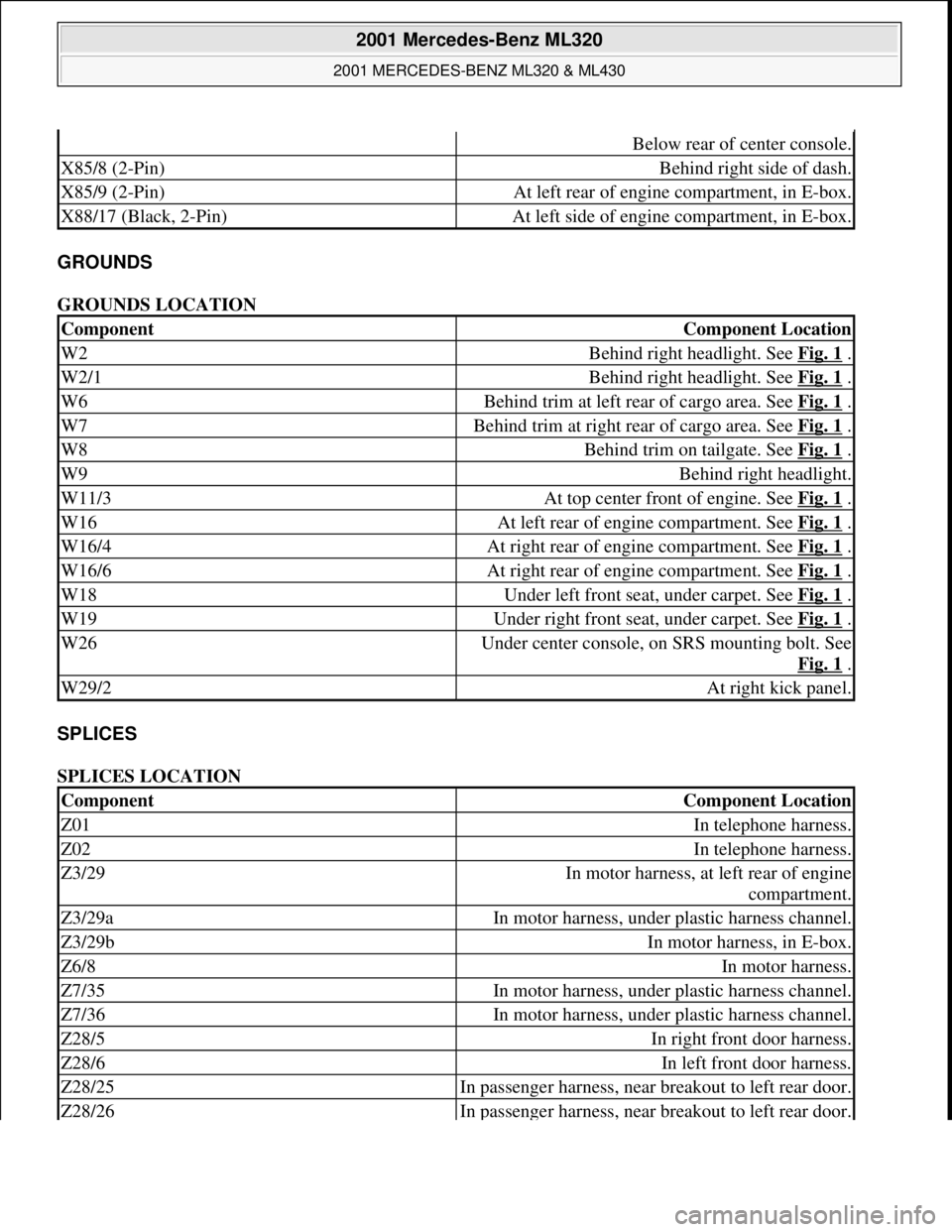 MERCEDES-BENZ ML320 1997 Complete Repair Manual GROUNDS
GROUNDS LOCATION
SPLICES
SPLICES LOCATION
Below rear of center console.
X85/8 (2-Pin)Behind right side of dash.
X85/9 (2-Pin)At left rear of engine compartment, in E-box.
X88/17 (Black, 2- MERCEDES-BENZ ML320 1997 Complete Repair Manual GROUNDS
GROUNDS LOCATION
SPLICES
SPLICES LOCATION
Below rear of center console.
X85/8 (2-Pin)Behind right side of dash.
X85/9 (2-Pin)At left rear of engine compartment, in E-box.
X88/17 (Black, 2-