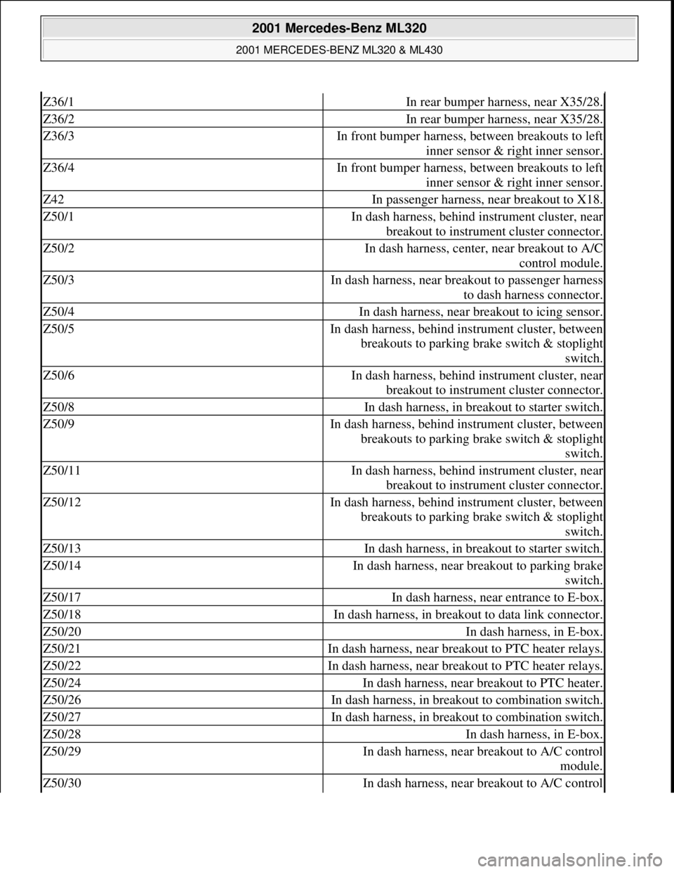 MERCEDES-BENZ ML320 1997 Complete Repair Manual Z36/1In rear bumper harness, near X35/28.
Z36/2In rear bumper harness, near X35/28.
Z36/3In front bumper harness, between breakouts to left
inner sensor & right inner sensor.
Z36/4In front bumper har MERCEDES-BENZ ML320 1997 Complete Repair Manual Z36/1In rear bumper harness, near X35/28.
Z36/2In rear bumper harness, near X35/28.
Z36/3In front bumper harness, between breakouts to left
inner sensor & right inner sensor.
Z36/4In front bumper har