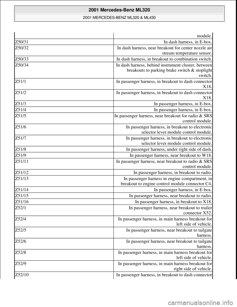 MERCEDES-BENZ ML320 1997 Complete Repair Manual module.
Z50/31In dash harness, in E-box.
Z50/32In dash harness, near breakout for center nozzle air
stream temperature sensor.
Z50/33In dash harness, in breakout to combination switch.
Z50/34In dash MERCEDES-BENZ ML320 1997 Complete Repair Manual module.
Z50/31In dash harness, in E-box.
Z50/32In dash harness, near breakout for center nozzle air
stream temperature sensor.
Z50/33In dash harness, in breakout to combination switch.
Z50/34In dash