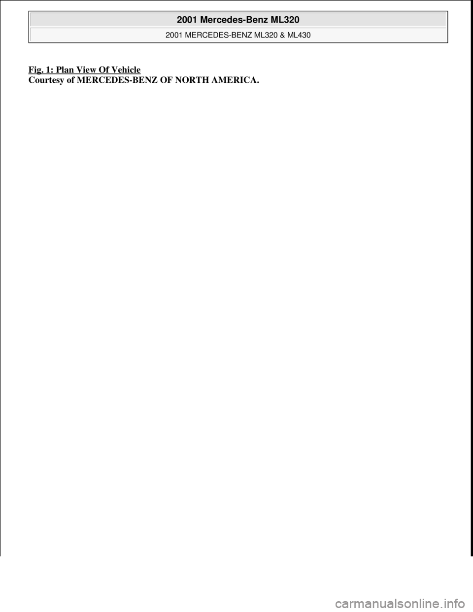 MERCEDES-BENZ ML320 1997  Complete Repair Manual Fig. 1: Plan View Of Vehicle 
Courtesy of MERCEDES-BENZ OF NORTH AMERICA.
 
2001 Mercedes-Benz ML320 
2001 MERCEDES-BENZ ML320 & ML430  
me  
Saturday, October 02, 2010 3:21:17 PMPage 14 © 2006 Mitch