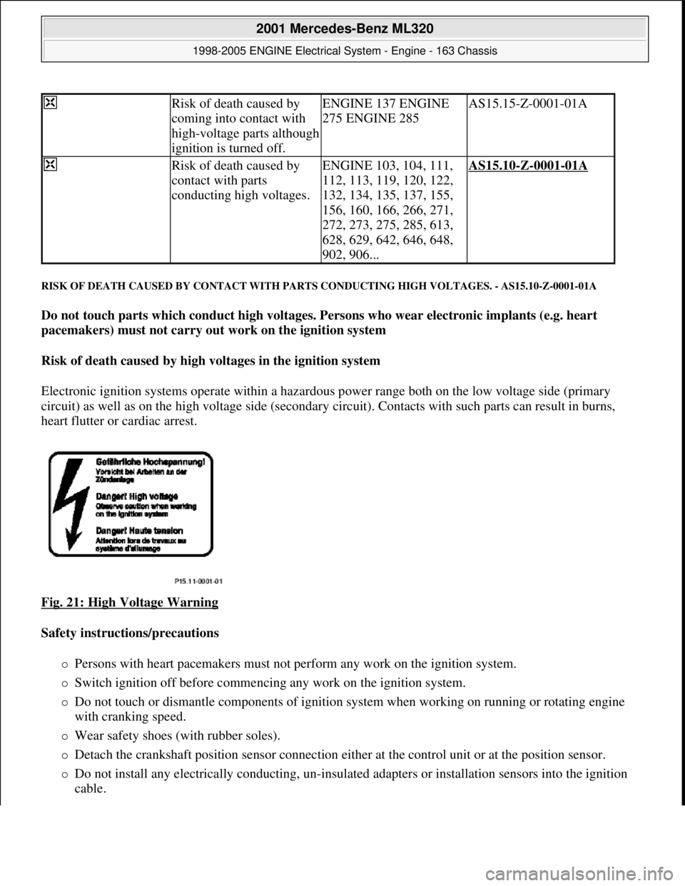 MERCEDES-BENZ ML320 1997 Complete Repair Manual RISK OF DEATH CAUSED BY CONTACT WITH PARTS CONDUCTING HIGH VOLTAGES. - AS15.10-Z-0001-01A
Do not touch parts which conduct high voltages. Persons who wear electronic implants (e.g. heart
pacemakers) MERCEDES-BENZ ML320 1997 Complete Repair Manual RISK OF DEATH CAUSED BY CONTACT WITH PARTS CONDUCTING HIGH VOLTAGES. - AS15.10-Z-0001-01A
Do not touch parts which conduct high voltages. Persons who wear electronic implants (e.g. heart
pacemakers)