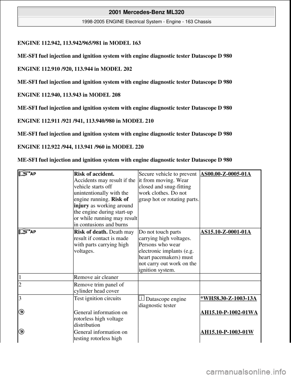 MERCEDES-BENZ ML320 1997 Complete Repair Manual ENGINE 112.942, 113.942/965/981 in MODEL 163
ME-SFI fuel injection and ignition system with engine diagnostic tester Datascope D 980
ENGINE 112.910 /920, 113.944 in MODEL 202
ME-SFI fuel injection MERCEDES-BENZ ML320 1997 Complete Repair Manual ENGINE 112.942, 113.942/965/981 in MODEL 163
ME-SFI fuel injection and ignition system with engine diagnostic tester Datascope D 980
ENGINE 112.910 /920, 113.944 in MODEL 202
ME-SFI fuel injection
