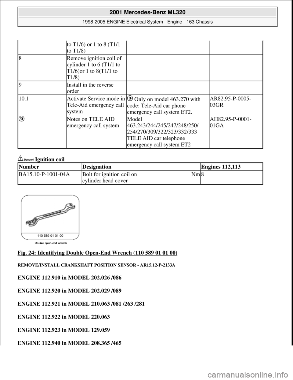 MERCEDES-BENZ ML320 1997 Complete Repair Manual Ignition coil
Fig. 24: Identifying Double Open
-End Wrench (110 589 01 01 00)
REMOVE/INSTALL CRANKSHAFT POSITION SENSOR - AR15.12-P-2133A
ENGINE 112.910 in MODEL 202.026 /086
ENGINE 112.920 in M MERCEDES-BENZ ML320 1997 Complete Repair Manual Ignition coil
Fig. 24: Identifying Double Open
-End Wrench (110 589 01 01 00)
REMOVE/INSTALL CRANKSHAFT POSITION SENSOR - AR15.12-P-2133A
ENGINE 112.910 in MODEL 202.026 /086
ENGINE 112.920 in M