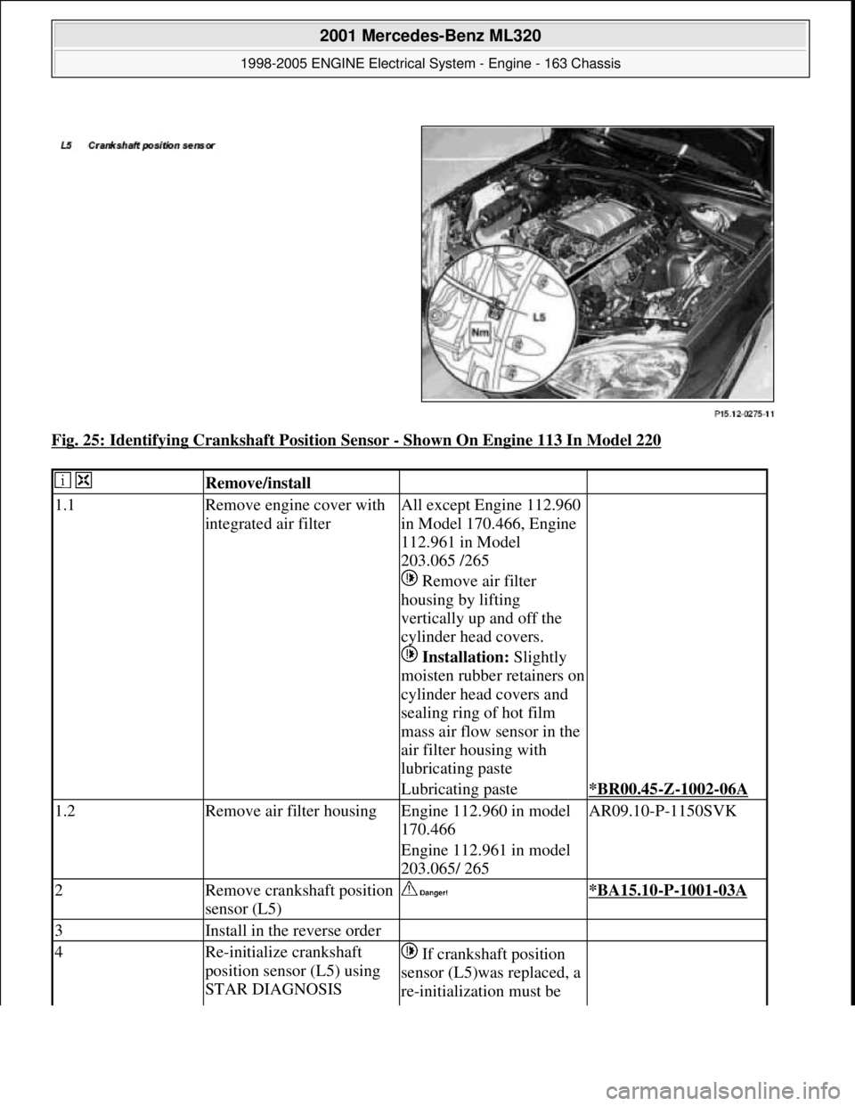 MERCEDES-BENZ ML320 1997 Complete Repair Manual Fig. 25: Identifying Crankshaft Position Sensor - Shown On Engine 113 In Model 220
Remove/install
1.1Remove engine cover with
integrated air filterAll except Engine 112.960
in Model 170.466, En MERCEDES-BENZ ML320 1997 Complete Repair Manual Fig. 25: Identifying Crankshaft Position Sensor - Shown On Engine 113 In Model 220
Remove/install
1.1Remove engine cover with
integrated air filterAll except Engine 112.960
in Model 170.466, En