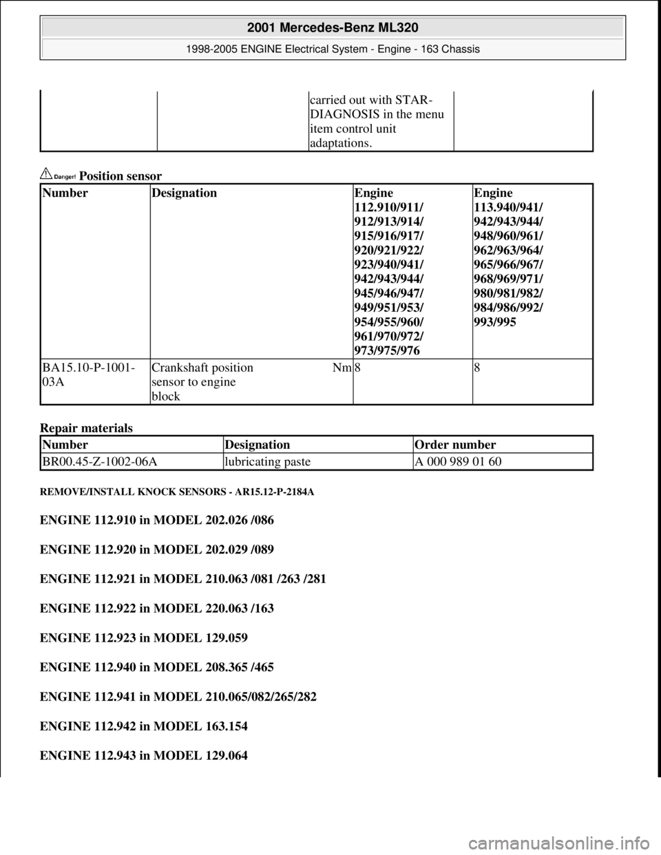 MERCEDES-BENZ ML320 1997 Complete Repair Manual Position sensor
Repair materials
REMOVE/INSTALL KNOCK SENSORS - AR15.12-P-2184A
ENGINE 112.910 in MODEL 202.026 /086
ENGINE 112.920 in MODEL 202.029 /089
ENGINE 112.921 in MODEL 210.063 /081 / MERCEDES-BENZ ML320 1997 Complete Repair Manual Position sensor
Repair materials
REMOVE/INSTALL KNOCK SENSORS - AR15.12-P-2184A
ENGINE 112.910 in MODEL 202.026 /086
ENGINE 112.920 in MODEL 202.029 /089
ENGINE 112.921 in MODEL 210.063 /081 /