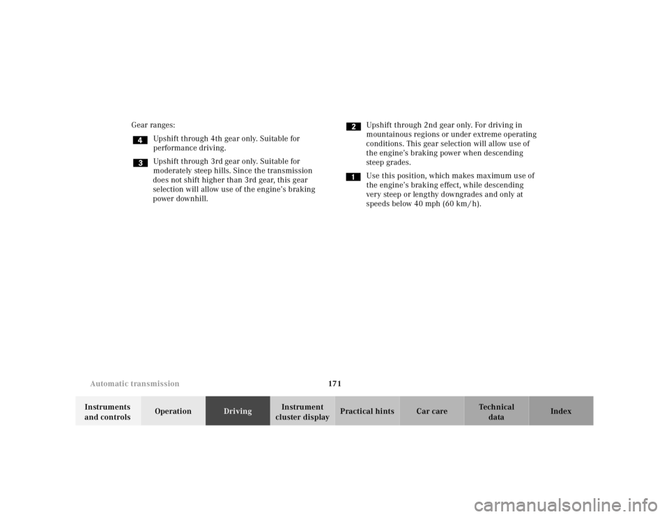 MERCEDES-BENZ ML320 1997  Complete Repair Manual 171 Automatic transmission
Te ch n ica l
data Instruments 
and controlsOperationDrivingInstrument 
cluster displayPractical hints Car care Index Gear ranges:
Upshift through 4th gear only. Suitable fo