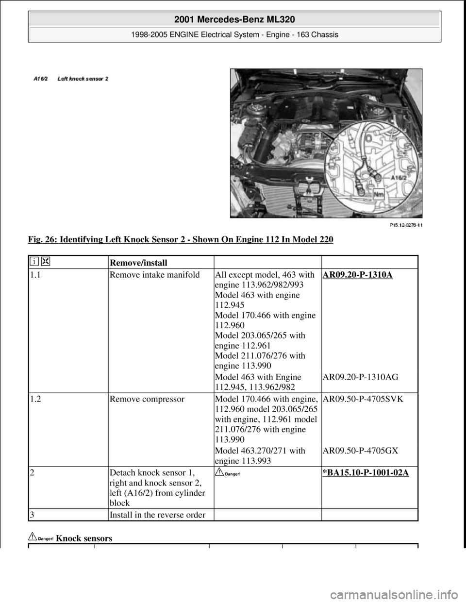 MERCEDES-BENZ ML320 1997  Complete Repair Manual Fig. 26: Identifying Left Knock Sensor 2 - Shown On Engine 112 In Model 220 
 Knock sensors 
  Remove/install  
1.1Remove intake manifoldAll except model, 463 with 
engine 113.962/982/993 
Model 463 w